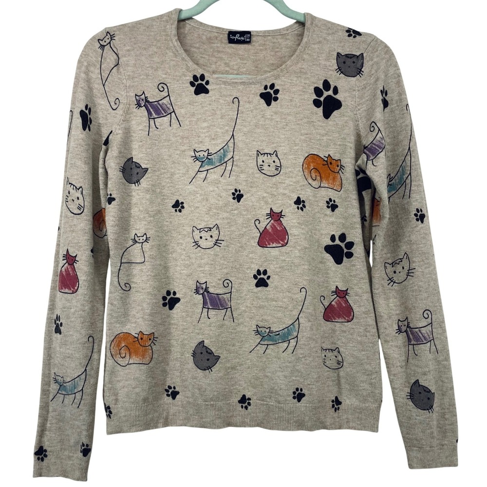 Influx Size Small 38/40 Cat Print Sweater Neutral Long Sleeve Crew Neck Knit